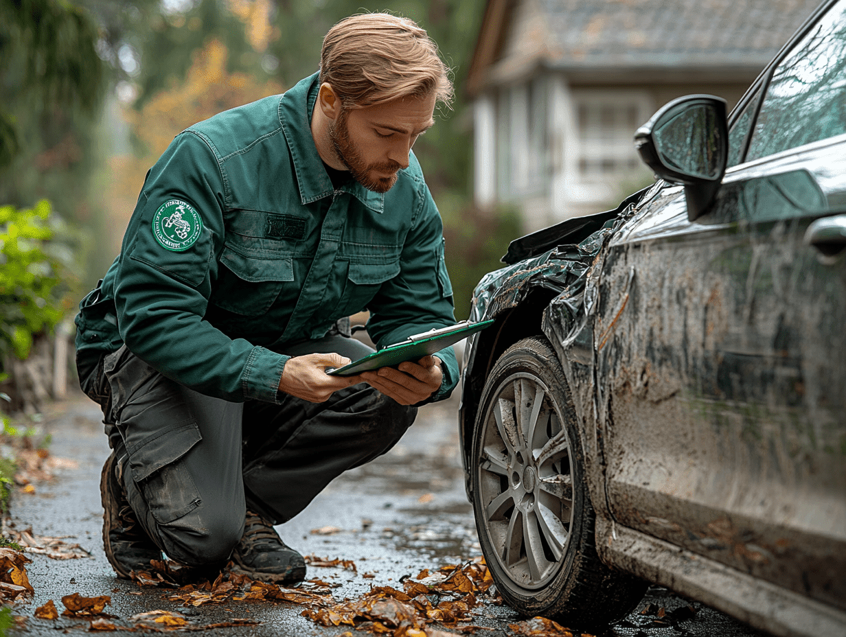 KFZ-Gutachter in grüner Arbeitsjacke (Farbcode #004622) bei der Begutachtung eines beschädigten Autos in einer Auffahrt – professionelle Schadenaufnahme in Göttingen, Kassel und Niedersachsen