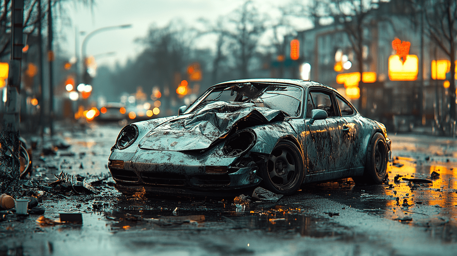 Stark beschädigtes Auto nach einem Unfall auf einer Stadtstraße bei Nacht – ideal zur Verdeutlichung von KFZ-Schäden und Unfallbegutachtungen in Göttingen, Kassel und Niedersachsen.