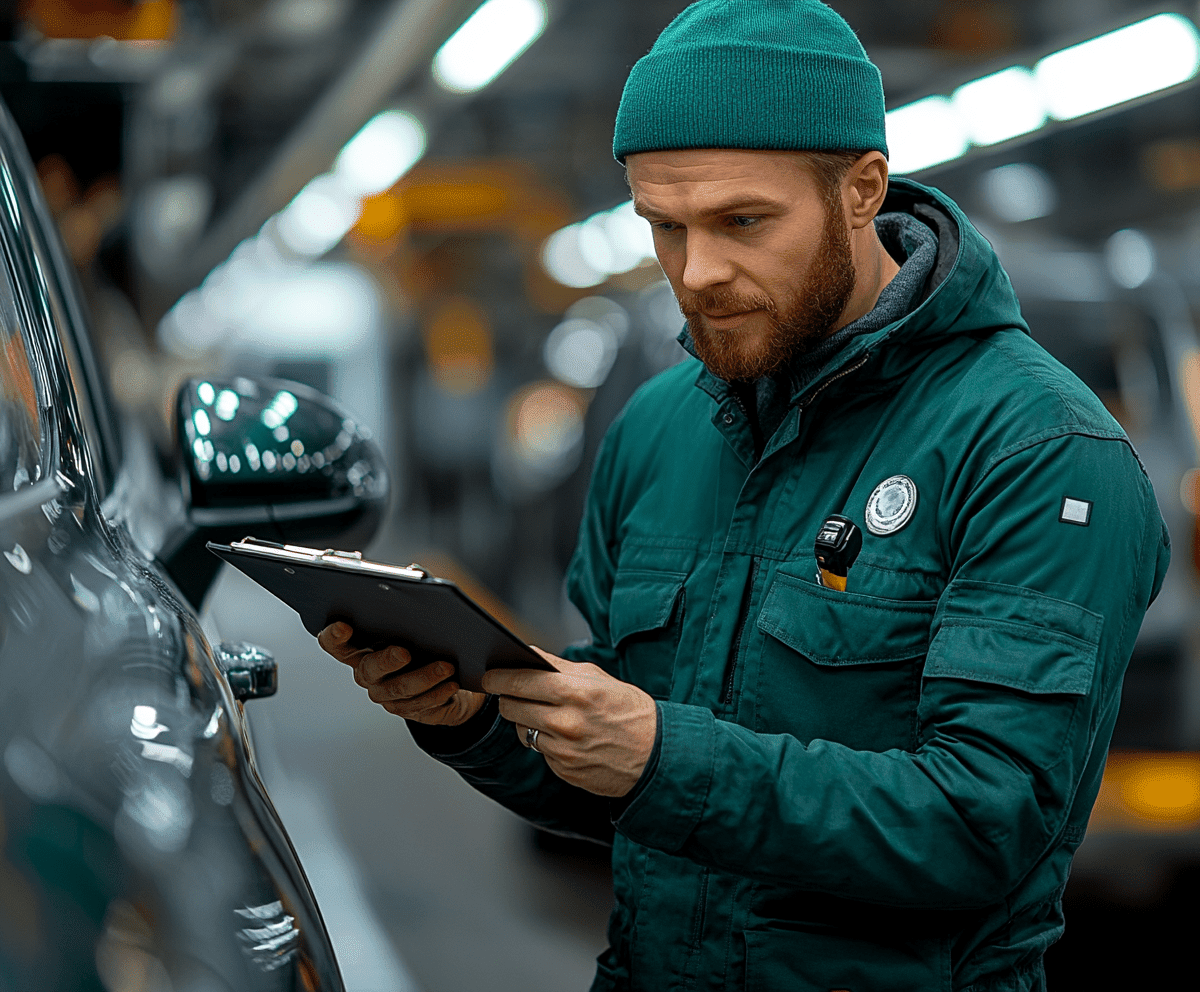 Professioneller KFZ-Gutachter in grüner Arbeitskleidung bei der Begutachtung eines Autos – präzise Schadenaufnahme in Göttingen, Kassel und Niedersachsen.