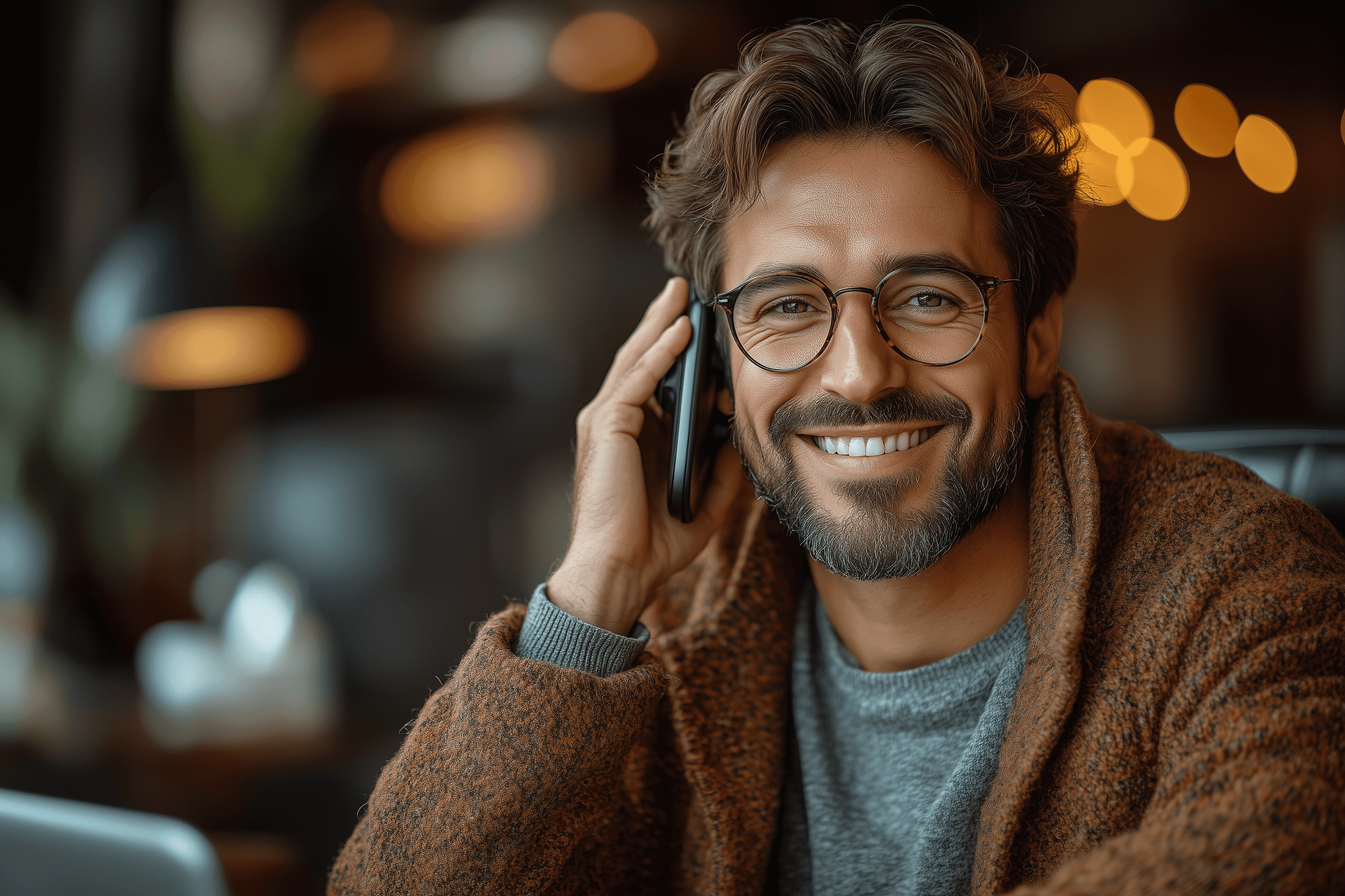 Ein lächelnder Mann mit Brille und Bart spricht am Telefon, trägt eine braune Strickjacke und sitzt in einem stilvollen, warm beleuchteten Innenraum.